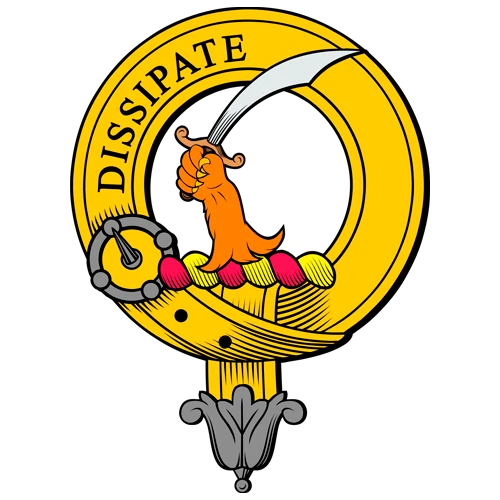 Scrimgeour clan crest badge: lion's paw grasping a scimitar, motto Dissipate